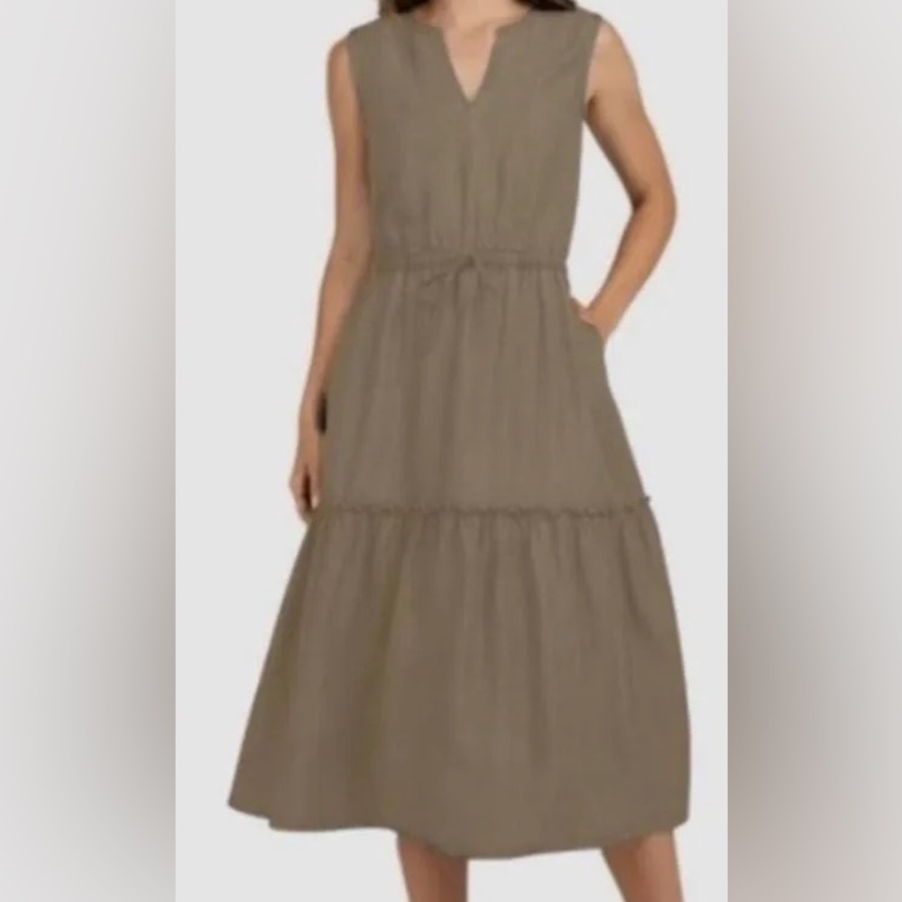 Lands'‎ End Sleeveless Tan Lyocel Tiered Pocket MIDI Dress